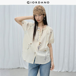 Giordano Women Floral embroidery tie neck short sleeve blouse Free Shipping 18346611