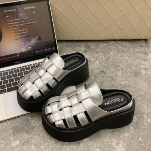 Free Shipping New Thick-Soled Fashionable European-Style PU Woven Slip-On Sandals For Women Perfect For Outdoor Wear And Beach Outings