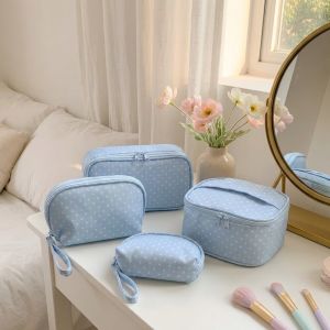 SWEET Light Blue Polka Dot Makeup Bag Polyester Checkered Travel Toiletry Storage Bag Simple Multi Size Cosmetic Pouch Daily Use