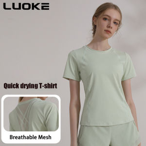 Luoke Sports Short Sleeve T-shirt for Womens Back hollowed out Thin Yoga Suit Slim Fit Running Mesh Panel Fitness Top Cool sensation