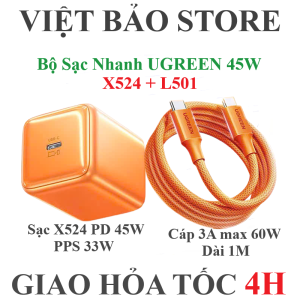 Bộ sạc nhanh Ugreen X524 45W 1 cổng và cáp C to C L501 60W dài 1M sạc nhanh PD PPS
