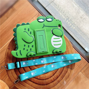 For iPad 9th 8th 7th 6th 5th Air Pro 9.7 11.0 10.5 Air 3rd 4th 5th 10.9 Mini 1 2 3 4 5 6th Gen Tablet Kids Cute Cartoon Dinosaur Silicon Shockproof Stand Case Cover with Shoulder Strap
