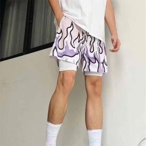Z1BEE【S-3XL】Mens Flame Print Basketball Shorts Mesh Streetwear Summer Beach Sports Pants Blue Purple Green