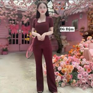 Đồ bộ nữ Vải tiêu áo CỔ VUÔNG TAY NGẮN quần ống rộng phong cách[ĐBTG 3]