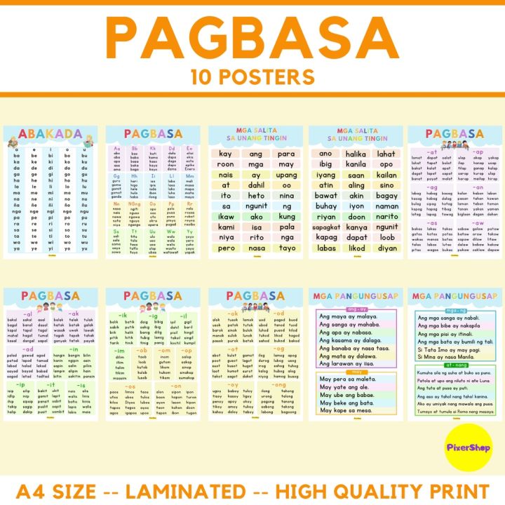 10 PCS. PAGBASA EDUCATIONAL CHARTS LAMINATED A4 SIZE TAGALOG READING ...