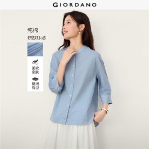 Giordano Beau Monde Women 100% cotton curved hem 3/4 sleeve blouse Free Shipping 13346616