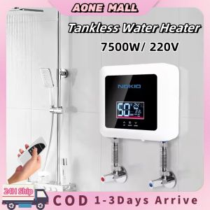 Electric Water Heater Tankless Instant Heating Faucet Shower Head Bathroom LED Display 7500W 220V Temperature Adjustable Instant Tankless Kitchen Bathroom Shower Hot Water Fast Heating