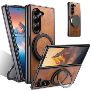 360 Rotating Ring Holder Leather Case for Samsung Galaxy Z Fold 7 6 5 5G Kickstand Magnefor Masafe Wireless Charging Cover