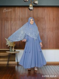 Gamis Set Hijab Motif LUNA LULA By Bermerks Dress Ceruty Babydoll Mewah Terbaru 2024 All Size