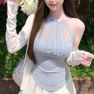 Áo Hai Dây Nữ Cổ Yếm Phối Lưới Có Đệm Ngực Áo Không Tay Dáng Ôm Mùa Hè