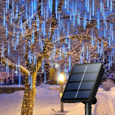 Meteor Shower Solar Led Rain Lights Waterfall Led Solar Light Outdoor Hanging Waterproof Falling Rain Lights Christmas Holiday Tree Home Party