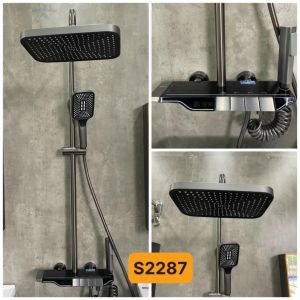 (SCĐ25 + S2287) Sen Cây Tắm Phím Đàn Củ Đồng Mạ Titan Mặt Kính Hiển Thị Nhiệt Độ Nóng Lạnh Và Dải Led Viền