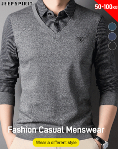 bungee Highend Fake Two Piece Shirt Embroidery Long Sleeve Knit Mens Knitted Long Sleeve Shirt Fashion Embroidery Highend Fake Two Piece Knitted Shirt