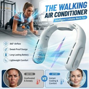 Bladeless Neck Fan Portable Hands Free Cooling Fan Foldable Neckband Fan With Digital Display Quiet Airflow Rechargeable Fan Long Battery Life Lightweight Comfort For Walking Office Travel