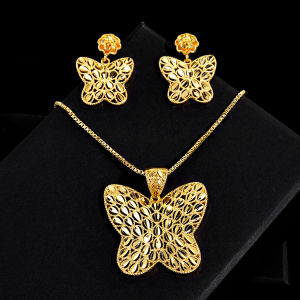 SEQUITO  Noble Modern Brides Gold Plated Jewelry Set Butterfly Shape Long Pendant Necklace Charm Drop Dangle Earrings Engagement Gift SJ429