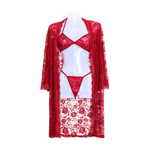 QMissLin Lace Sheer Kimono Robe Set 3-Piece Transparent Lingerie Nightgown with Belt Romantic See-Through Sleepwear for Women