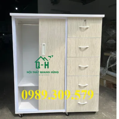 TỦ NHỰA ĐÀI LOAN 2 CÁNH CỬA LÙA 5 HỘC KÉO MÀU SỒI KEM 1M25 X 1M06 X 42CM