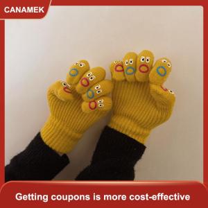 【CANAMEK】 1 đôi phụ nữ hài hước biểu hiện trên khuôn mặt găng tay dệt kim đầy đủ ngón tay Găng tay mềm Crochet găng tay hoạt hình biểu hiện lái xe găng tay