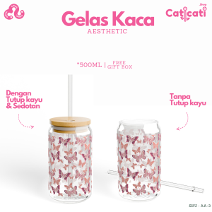 CatiCati - Gelas Aesthetic Tumbler Kaca Tutup Kayu dan Sedotan 500ml Gelas Estetik Kode Varian AA