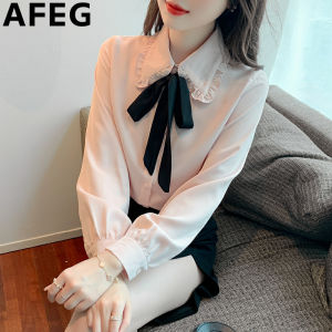 AFEG solid color Korean version doll collar color bow fashion loose vintage chiffon long-sleeved blouse