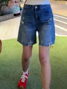 GHAOHES กางเกงยีนส์ขาดขาสั้นหลวม กางเกงขนาดพลัสสีฟ้าล้างน้ำ V127