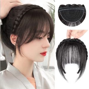 SEA GOAT Synthetic Fake Bangs Hairband Neat Fringe Braids Headband Bang Hair Extension Hair Styling Tools Brown Clip on Hairpieces Women