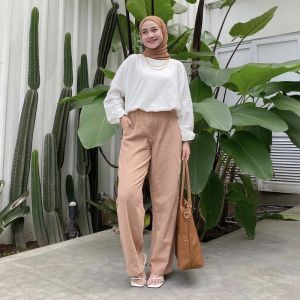 Celana Panjang Cewek Kulot Highwaist Linen Celana Panjang Wanita Kulot OOTD Ala Selebgran Viral Kekinian