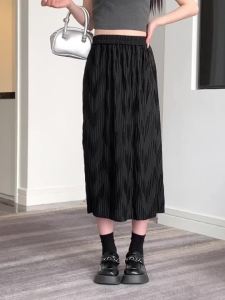 AMMIN ชุดเดรสเข้ารูปเอวสูงยืดหยุ่นแบบกระโปรงอัดจีบสตรีความยาวปานกลาง2024กระโปรงทรงตรงทรงเอ