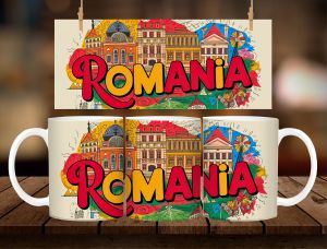 * 1 PC MUG WITH BOX * ROMANIA COLORFUL MUG DESIGN 11oz with BOX SOUVENIR MUG