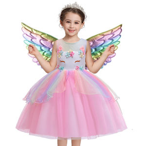 [Cod√] gaun unicorn gadis+wig 2 pcs set bunga gadis unicorn rainbow pernikahan halloween gaun pesta