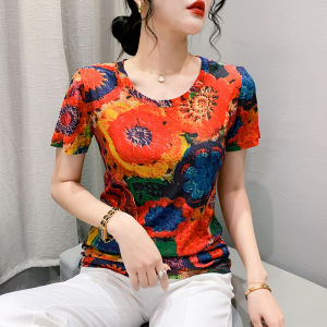 REHIN Womens top Summer New Fashion Unique Floral Print Round Neck Short Sleeve T-shirt Slim Fit Cotton shirt