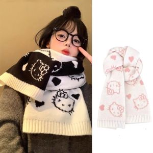 MYCOLOR ป้องกันลม ผ้าพันคอถักลายแมว อนิเมะ หวาน เย็นสบาย ผ้าพันคอแมวคิตตี้ รักษาความอบอุ่น แบบญี่ปุ่น ผ้าพันคอขนสัตว์ฤดูหนาว ฤดูใบไม้ร่วง