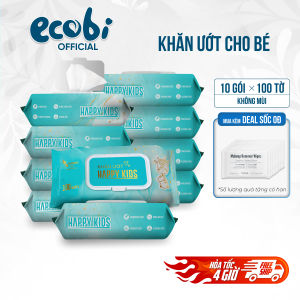 Thùng 10 gói khăn ướt Happy Kids gói 100 tờ không mùi không parabens chuyên dùng cho em bé