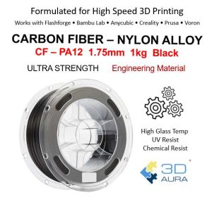 3D AURA 1.75mm Carbon Fiber Nylon Alloy CF - PA12 Black 1Kg 3D Printer Filament Flashforge Bambu Lab Voron Creality Snapmaker Prusa Anycubic Elegoo Qidi Creatbot