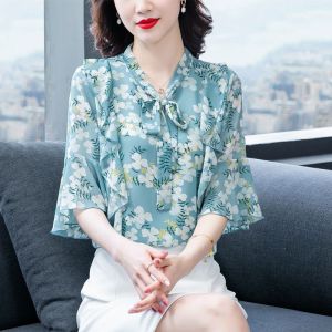 Womens Shirt Korean Style Chiffon  Shirt  Floral Printing Blouse Short-sleeve Shirt