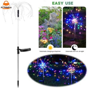 2Pcs Solar Fireworks Lights Waterproof Outdoor Garden Fairy Lights Starburst Design for Lawn Patio Decoration