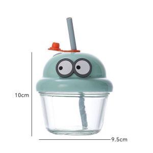 210ML Mini Glass Cup with Lid and Straw Cartoon Milk Juice Water Cup Portable Drinking Glass