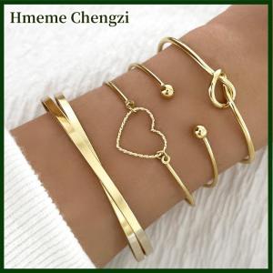 Hmeme 4Pcs Bohemian Metal Knot Heart Cuff Bangle Bracelet Set For Women Geometric Open Bangle Female Fashion Jewelry