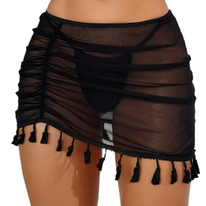 Women Ruched Sheer Beach Skirt with Tassels Beach Coverup Wrap Short Beach Skirt Sheer Bathing Suit Coverup Skirt