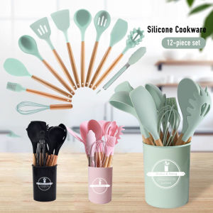 12PCS Silicone Kitchen Utensils Heat-resistant Nonstick Utensils Wooden Handle Cooking Set