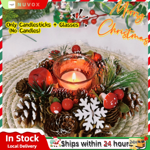 NUVOX Table Decoration Candlestick For Cemetery w/ Glass Fake Leaves Wreath For Candle Holder Artificial Cherry Pinecone Garland Christmas Home Party Wedding Centerpiece Width: 7.5inches