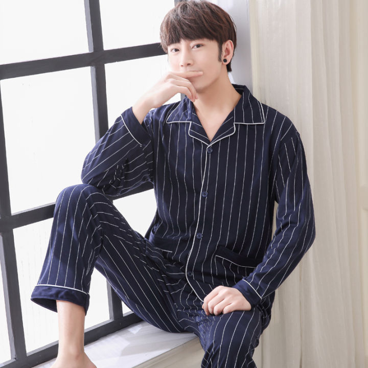 Pajamas Men Baju Tidur Lelaki Man's Long Sleeve Pyjamas Solid Print 睡衣家居服