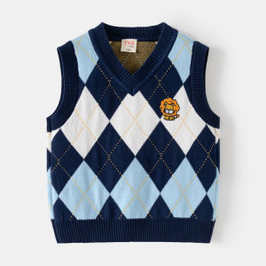 Childrens versatile sweater vest 2025 Autumn and Winter New Boys Double Layer Diamond Jacquard Knit V Collar Vest