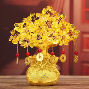 Golden Citrine Crystal Money Tree Feng Shui Lucky Copper Coin Pendant Wealth Fortune Home Decor Housewarming Gift