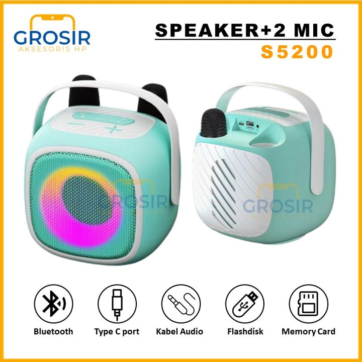 Speaker Bluetooth mini Karoke S5200 + 2 Mic speker karaoke TWS soonbox ...