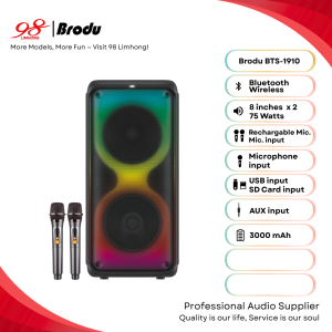 Speaker BTS-1910 Brodu Dual 8 inch Bluetooth Speaker With 2 Rechargeable Wireless Microphone