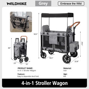 4 in 1 Stroller Wagon for 2 Kids 2-8 Years Removable Canopy 5-Point Harnesses Adjustable Handle Storage Pockets Durable Alloy Steel Frame Double-Layered Polyester Fabric Travel Beach Camping Black