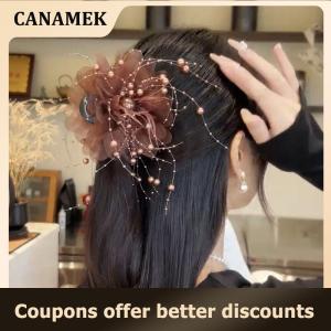 【 CANAMEK 】 Fashion Mesh Flower Hair Claw Women Shark Ponytail Clip Headdress Temperament Pearl Tassels Headwear