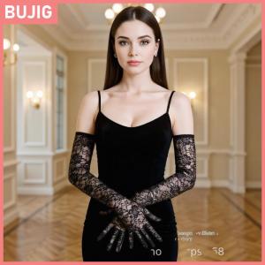 BUJIG ถุงมือลูกไม้สีดำสำหรับเจ้าสาวชุดแต่งงานชุดคลุมมือแขนเสื้อสุดเซ็กซี่ป้องกันถุงมือผ้าตาข่ายสำหรับผู้หญิงชุดราตรีแต่งงาน