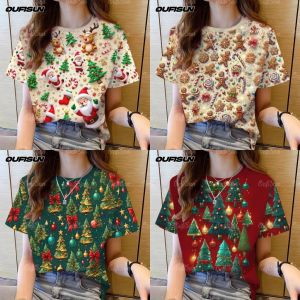 เสื้อคริสต์มาสแขนสั้น ลายพิมพ์ Santa Claus และต้นคริสต์มาสสีแดง-เขียว เหมาะสำหรับทั้งชายและหญิง